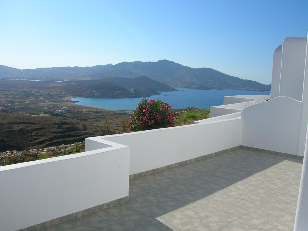 A beautiful view of Ftelia Bay, making Oikia Kondos the best option for those looking for where to stay in Mykonos